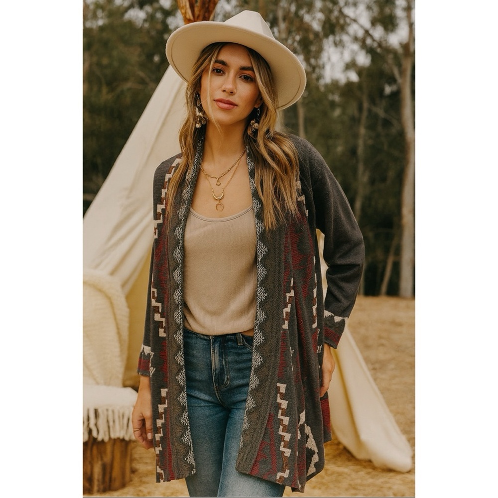 Johnny Was Embroidered Southwestern Long Open Cardigan Gray Red S Small - Picture 7 of 8